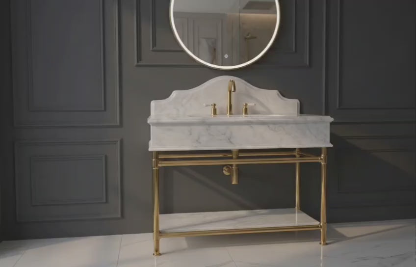 Solid White Marble Vanity Sink with Brass Console Stand, Ogee Edge Bathroom Basin