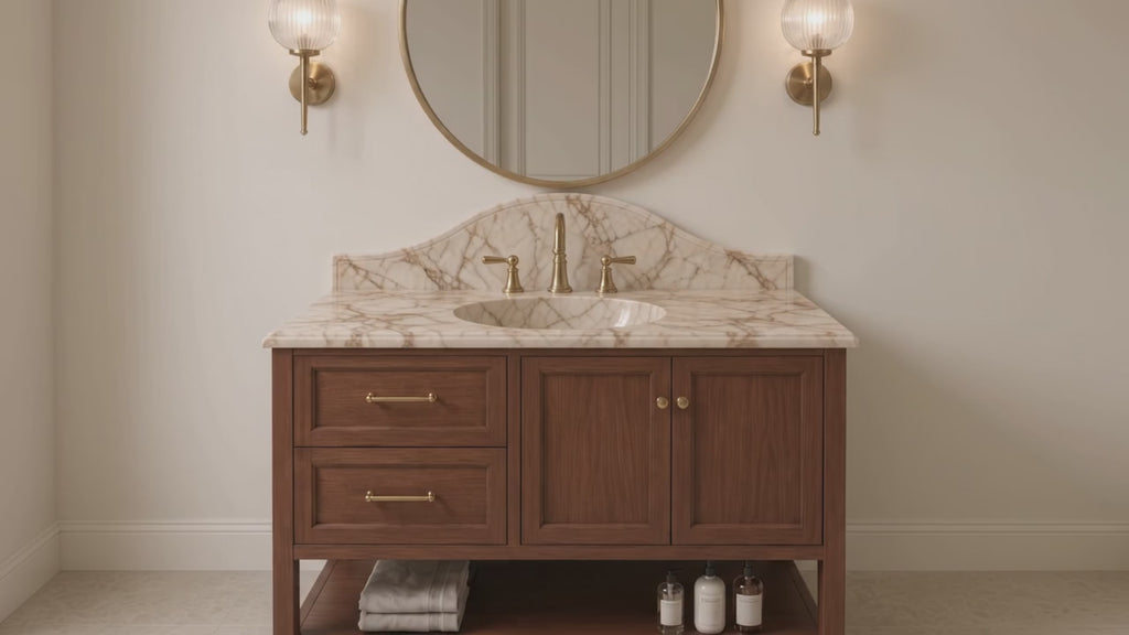 Calacatta Gold Marble Vanity Sink with Solid Mahogany Cabinet, Handmade Freestanding Bathroom Vanity