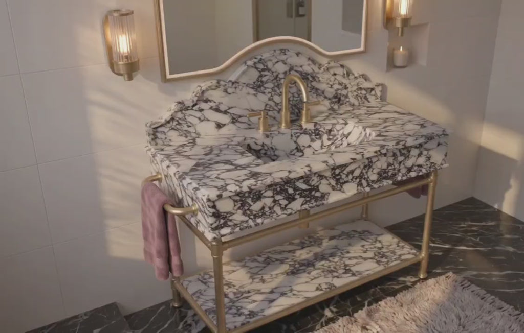 Handcrafted Calacatta Viola Marble Vanity with Integrated Sink, Solid Brass And Gold Painted  Stand
