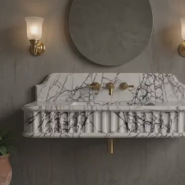 Turkish Lilac Marble Floating Sink with Shelf, Fluted Vanity, Gold Faucet