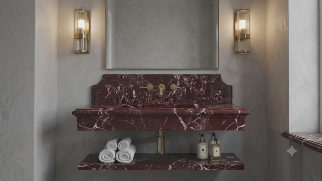 Burgundy Marble Sink, Fluted Floating Vanity, Wall Mounted Washbasin