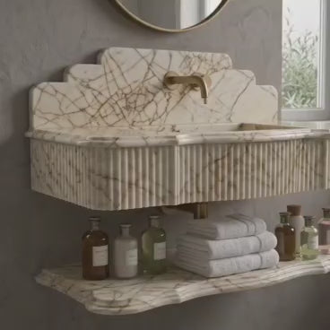Calacatta Gold Marble Floating Sink | Handcrafted Fluted Vanity Basin, Integrated Shelf