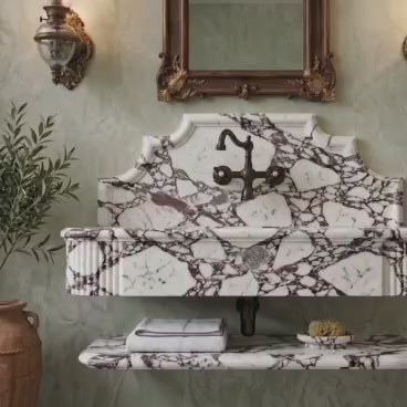Calacatta Viola Marble Sink with Fluted Backsplash, Handcrafted Floating Vanity Basin