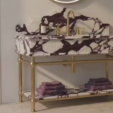 Calacatta Viola Marble Vanity Sink, Purple Vein Console Basin, Brass Stand, Natural Stone Washbasin