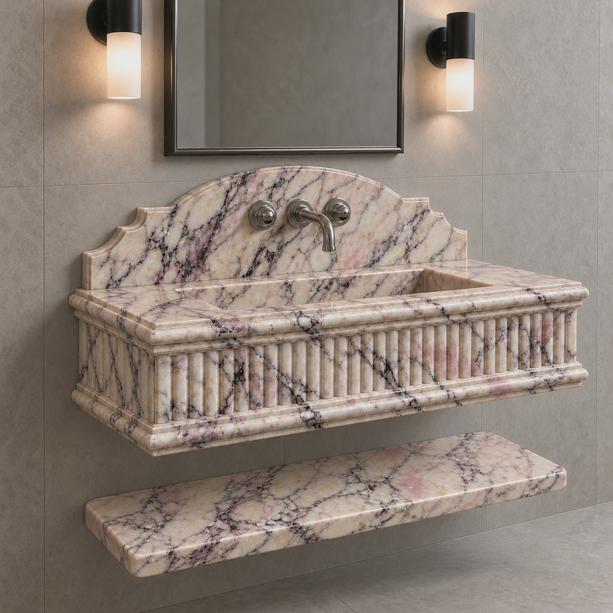 Calacatta Viola Marble Wall-Mounted Sink with Fluted Front, Arched Backsplash and Floating Shelf