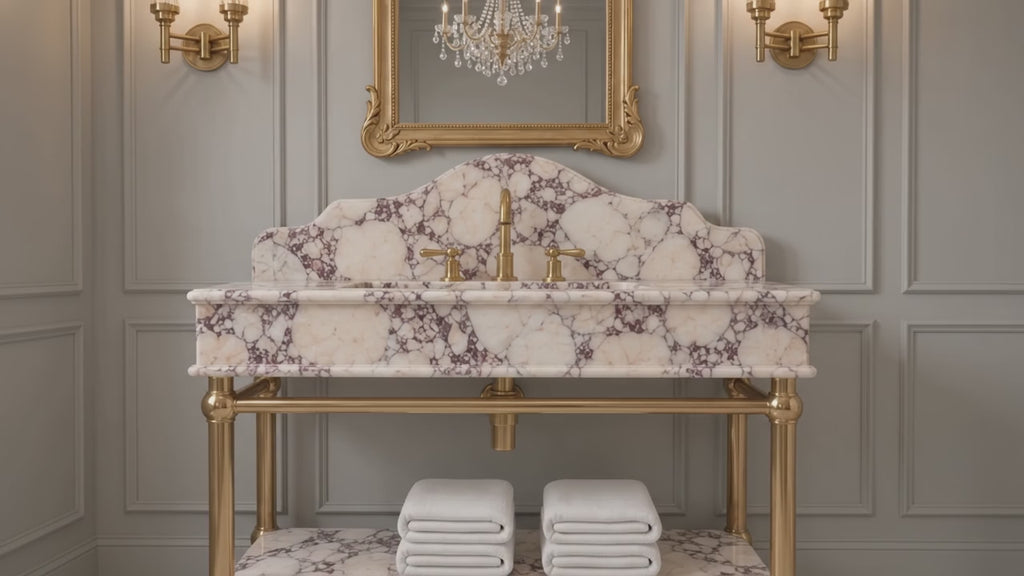 Calacatta Viola Marble Sink Vanity, Brass Stand, Custom Powder Room Basin
