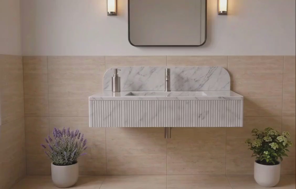 Handcrafted Carrara Marble Wall Mounted Sink, Fluted Floating Vanity Basin