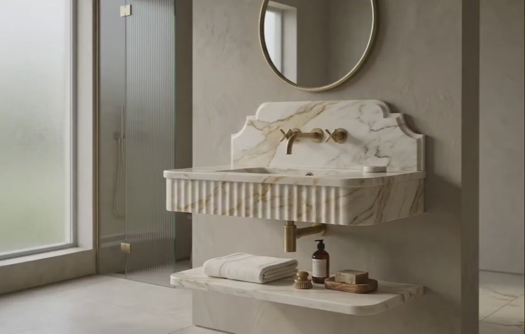 Calacatta Gold Marble Floating Vanity Sink, Fluted Basin, Scalloped Backsplash