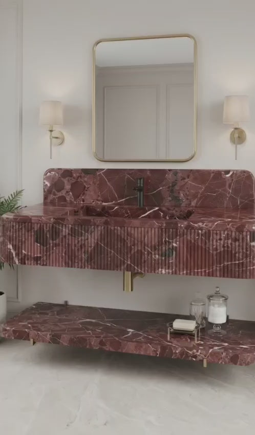 Burgundy Marble Fluted Wall Mounted Sink, Burgundy Floating Basin Backsplash