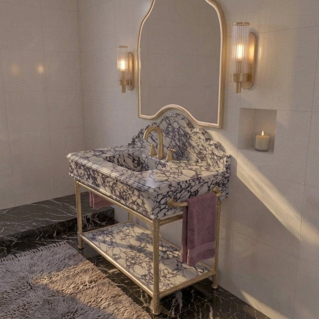Handcrafted Calacatta Viola Marble Vanity with Integrated Sink, Solid Brass And Gold Painted  Stand